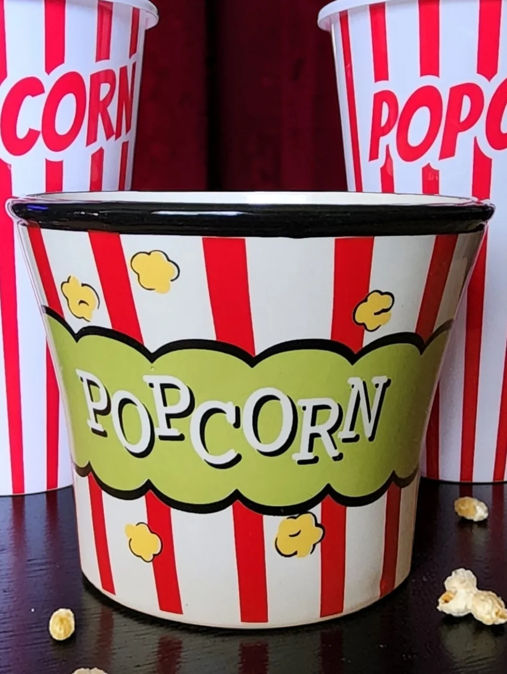 Red and White Striped Popcorn Cups & Tub